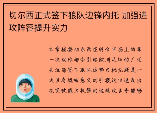 切尔西正式签下狼队边锋内托 加强进攻阵容提升实力